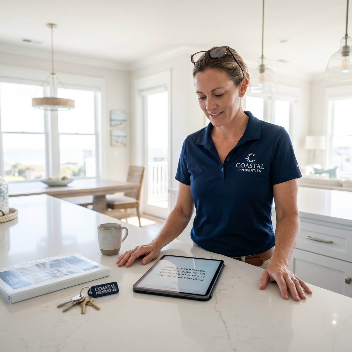 Property manager training Mya on iPad at kitchen island