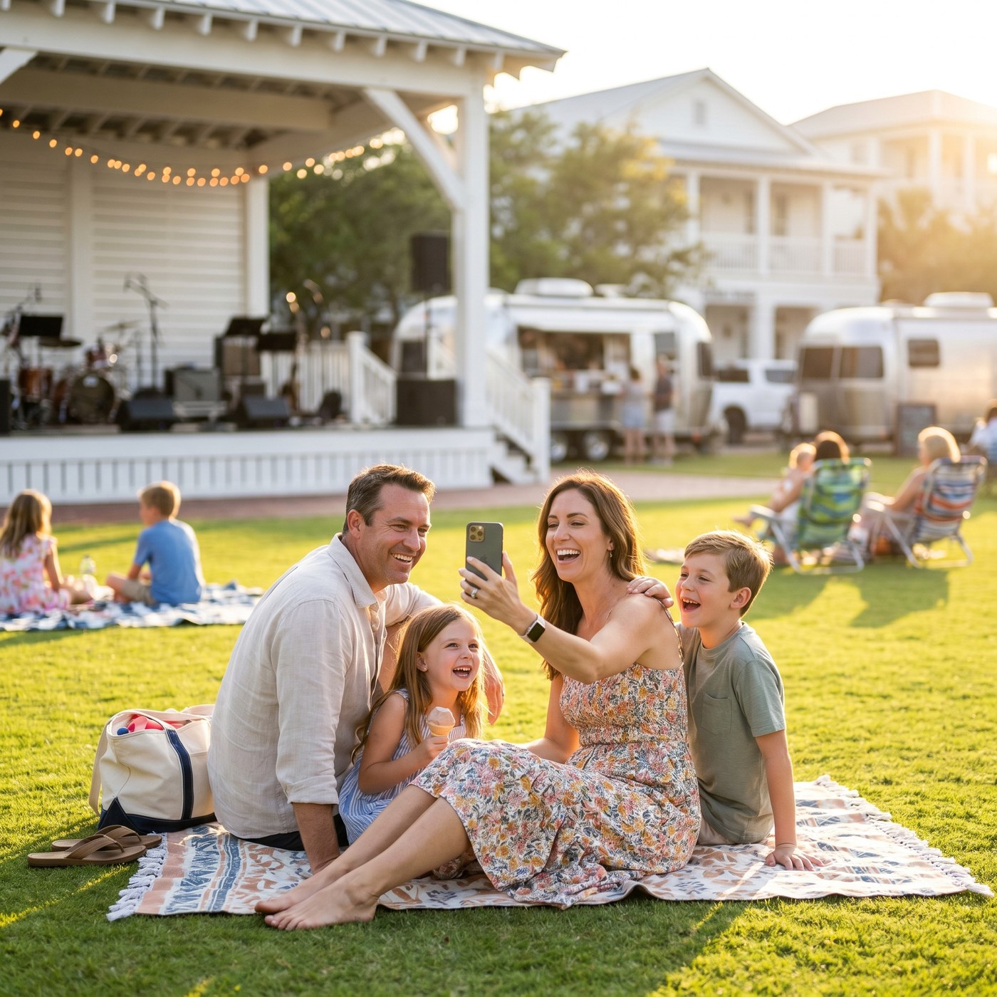 Family at Seaside amphitheater laughing at Mya recommendation