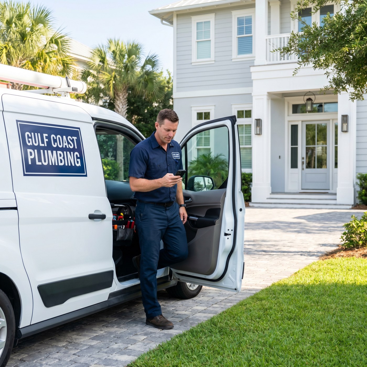 Gulf Coast Plumbing technician arriving at luxury home